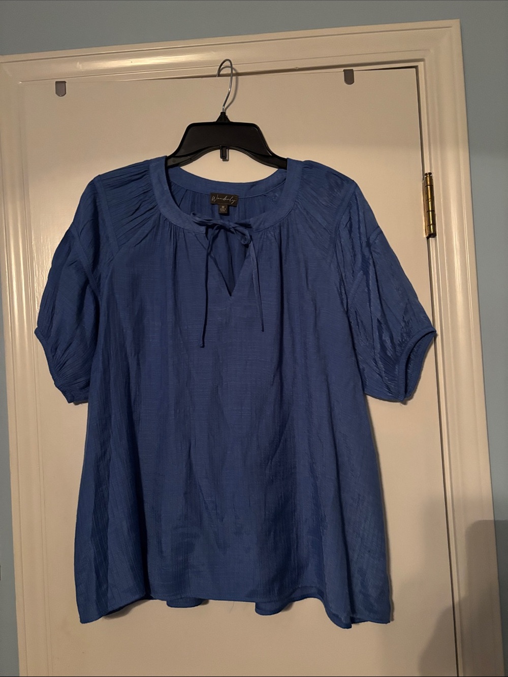 Wonderly Royal Blue Short-Sleeve Tie-Neck Peasant Blouse